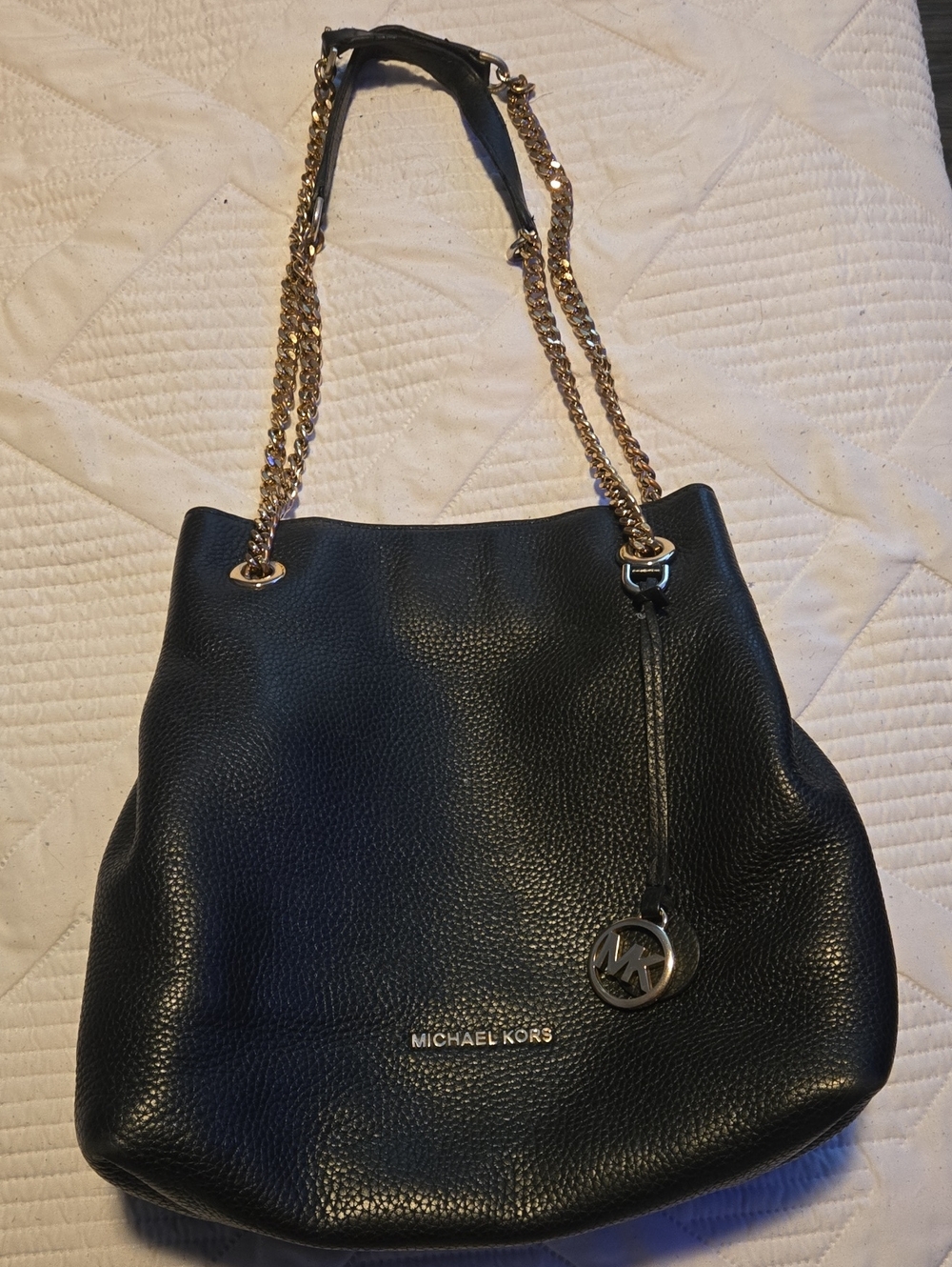 Michael Kors Black Pebbled Leather Shoulder Bag with Gold Chain Straps